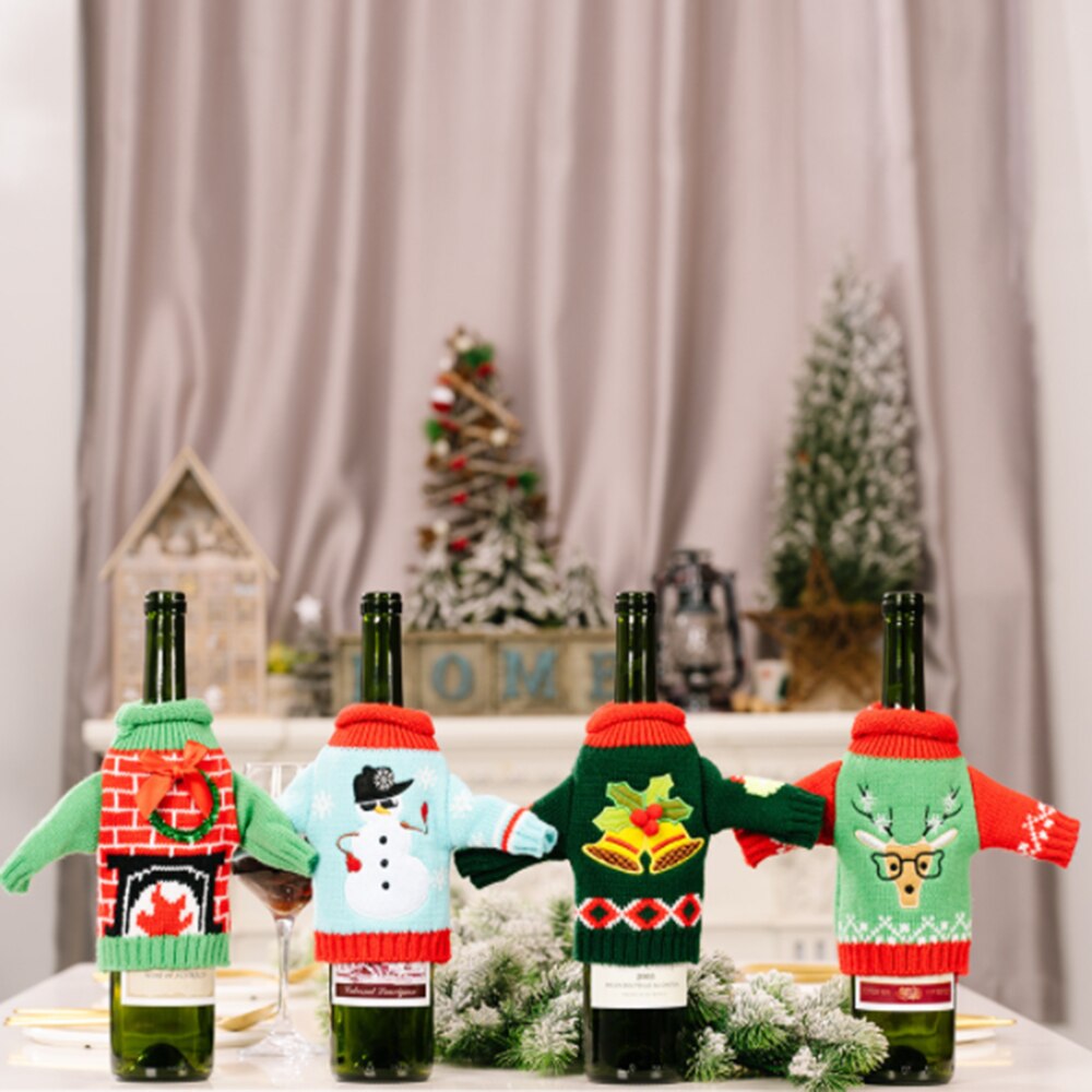 Kerst Gebreide Kleding Wijn Set Champagne Fles Cover Bag Wijnfles Tas Tafel Decoratie Kerst Decor
