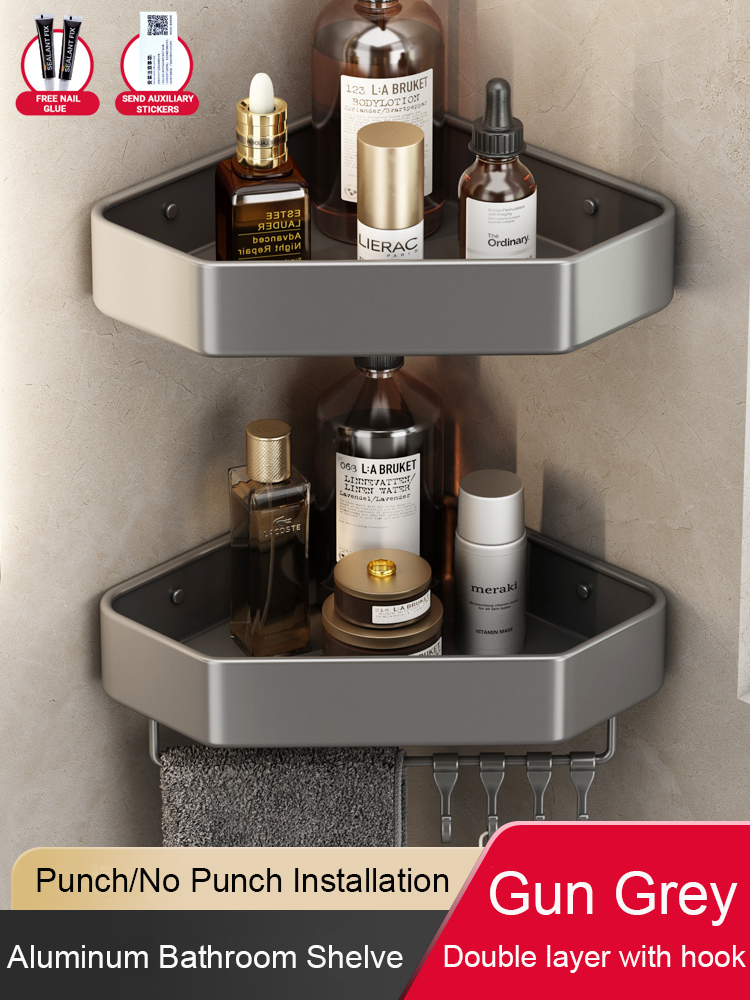Badezimmerregal ohne Bohren, Eckraum, Aluminium-Lagerregal, Wandmontage, dreieckiger Korb, Duschraum, Aufbewahrungsorganisator FR2006: Schwarz
