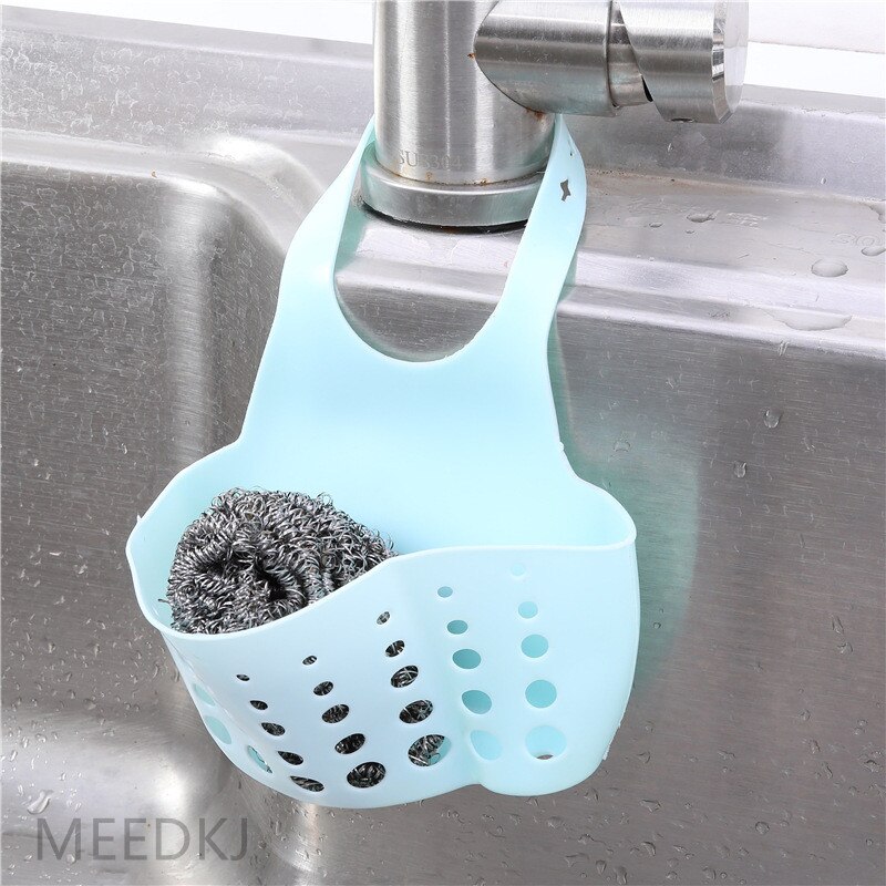 1pcs kitchen rack faucet sponge drain rack hanging adjustable snap button hanging bag sink storage hanging basket: blue-1