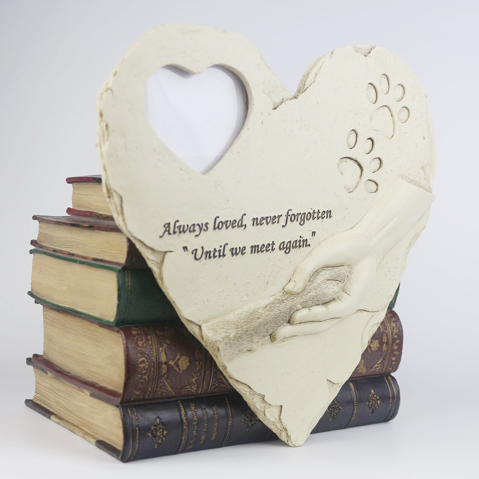 Engraved Pet Memorial Stone Heart-Shaped Paw Print Dog Headstone with Poem Photo Frame Outdoor Puppy Grave Marker