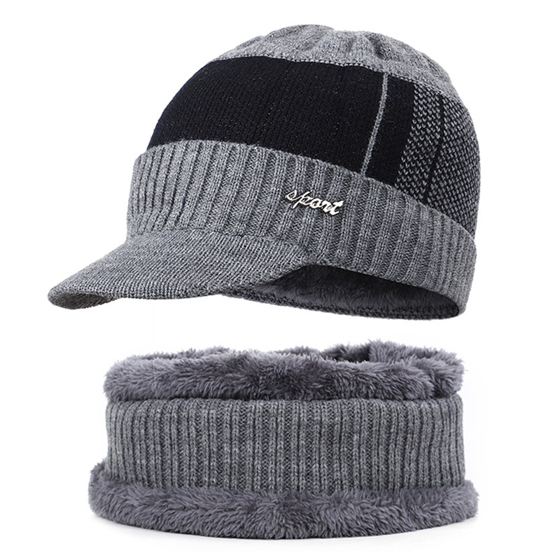 Fending luksus todelt hat og tørklæde mænds strikket hat tørklæde efterår og vinter plus fløjl hat hals uld hat sl -07: 2