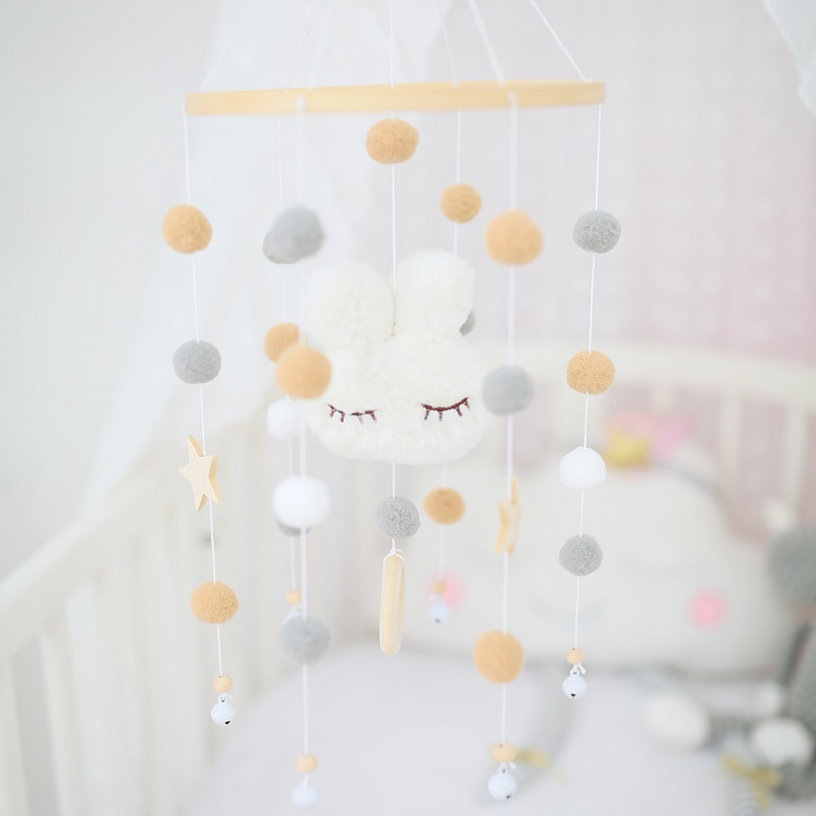 Baby Crib Mobile Wooden Handmade Bunny Baby Bell With Colorful Felt Balls Baby Bassinet Mobile Pendant Toys For Baby Bed Nurser
