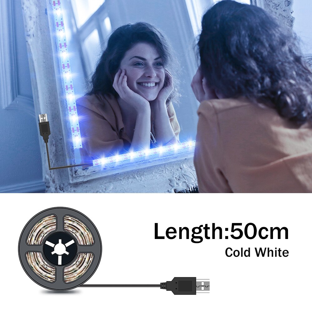 Luz LED para espejo de tocador de maquillaje, lámpara de belleza alimentada por USB para iluminación de decoración del hogar, 1M, 2M, 3M, 4M, 5M, 5V: 50CM Cold White