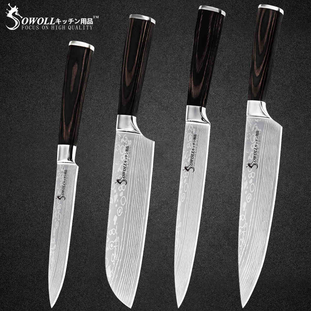 Sowoll Stainless Steel Cooking Knife Damascus Pattern Blade Chef Slicing Santoku Utility Paring Knife Camping Cooking Tools: C.4PCS SET