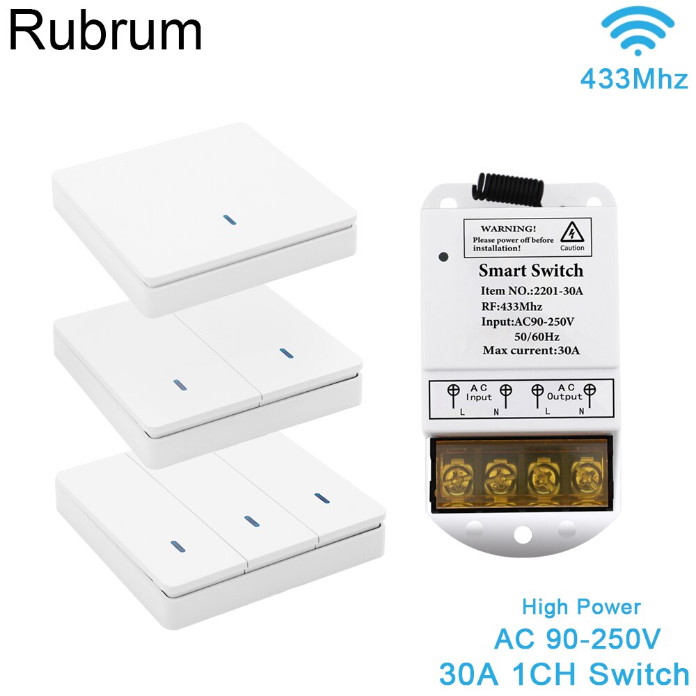 Rubrum 433MHz AC 110V 220V 30A 1CH Wireless Remote Control Switch RF Relay Receiver Push Button Wall Panel Switch For Pump Light