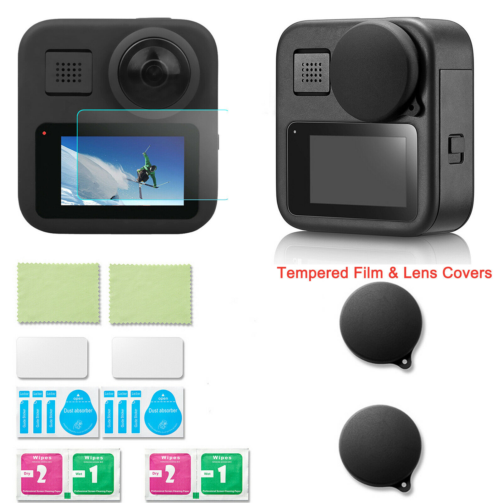 Película protectora de pantalla LCD de vidrio templado con tapa de lente para Gopro Max 360, accesorios de montaje para cámara de acción 2x