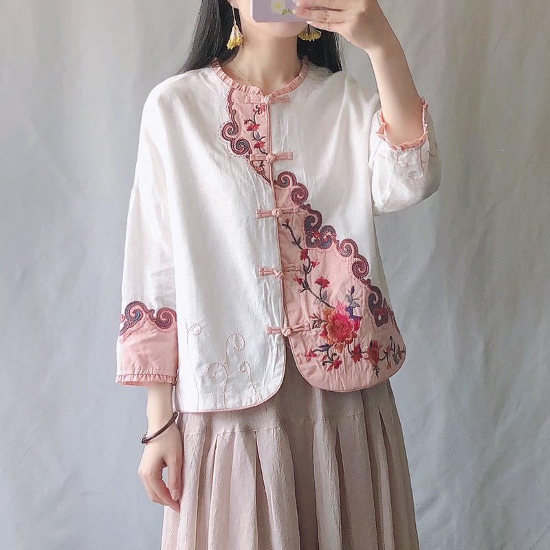 Ropa de estilo chino bordado Retro para mujer, traje Tang de té Zen chino, Tops Hanfu de lino y algodón para mujer KK3633: 1
