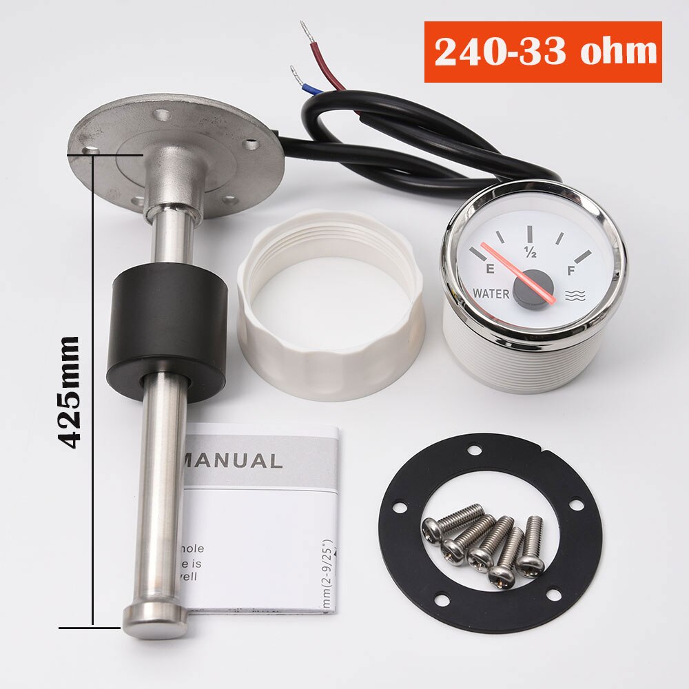 52mm Water Level Gauge with Red Light 240-33ohm Water Tank Level Indicator Meter with Fuel Level Sensor 100MM 200MM 300MM 400MM: With 425mm Sensor