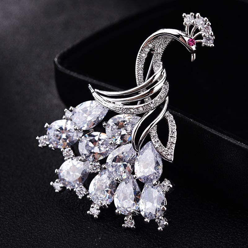 RED TREES Peacock Brooch - Women's Party Accessory - Luxury AAA Zirconia - Sterling Silver Plated