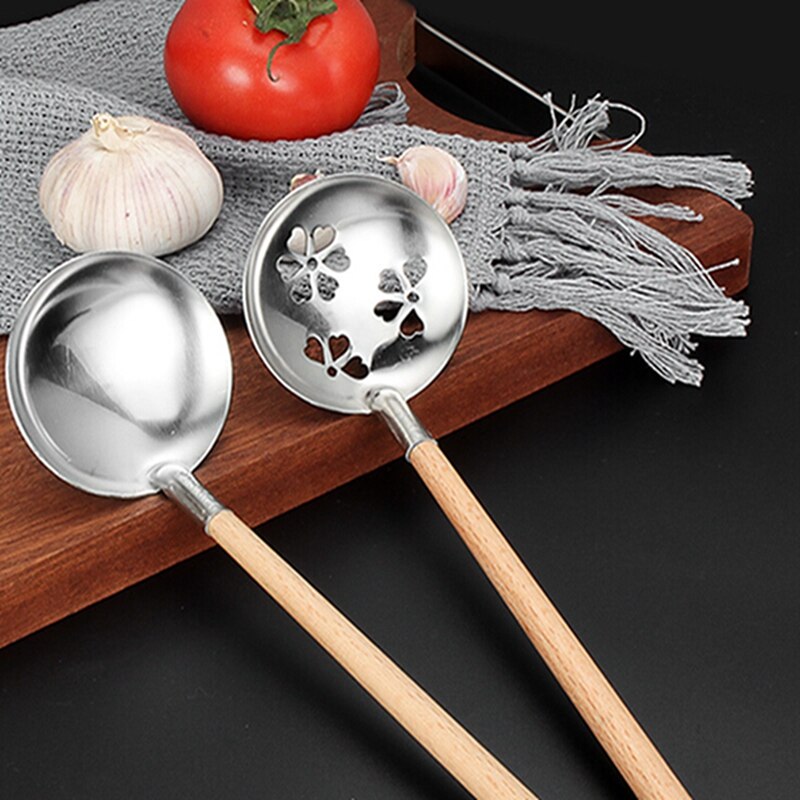 Wooden Handle Wok Spatula 304 Stainless Steel Spatula Cooking Utensils Spoon Long Handle Large Size Turner Fried Steak Shovel