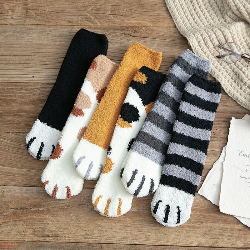 Fluffy Warm Sock Animal Claws Coral Velvet Socks Winter Kawaii Thick Socks Striped Cartoon Women Short Cute Sock Cat Winter