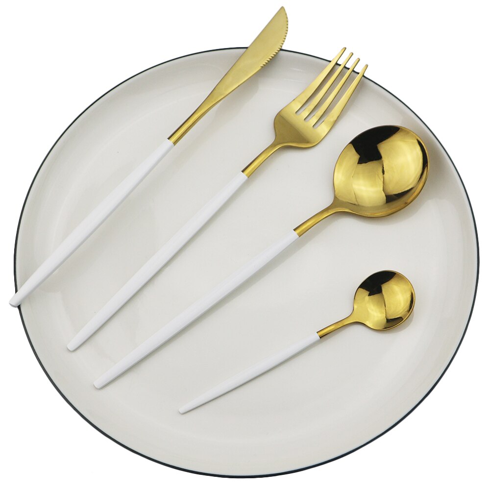 Silver Cutlery Set Stainless Steel Dinnerware Set Knife Dessert Fork Coffee Spoon Dinner Set Kitchen Tableware Silverware Set: 4Pcs White Gold
