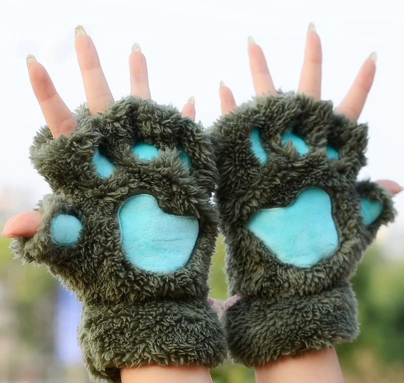 Kvinnor vinter varm katt-pad katt tasshandskar fingerlösa fluffig björn katt plysch tass tjejer cosplay handskar 1 par