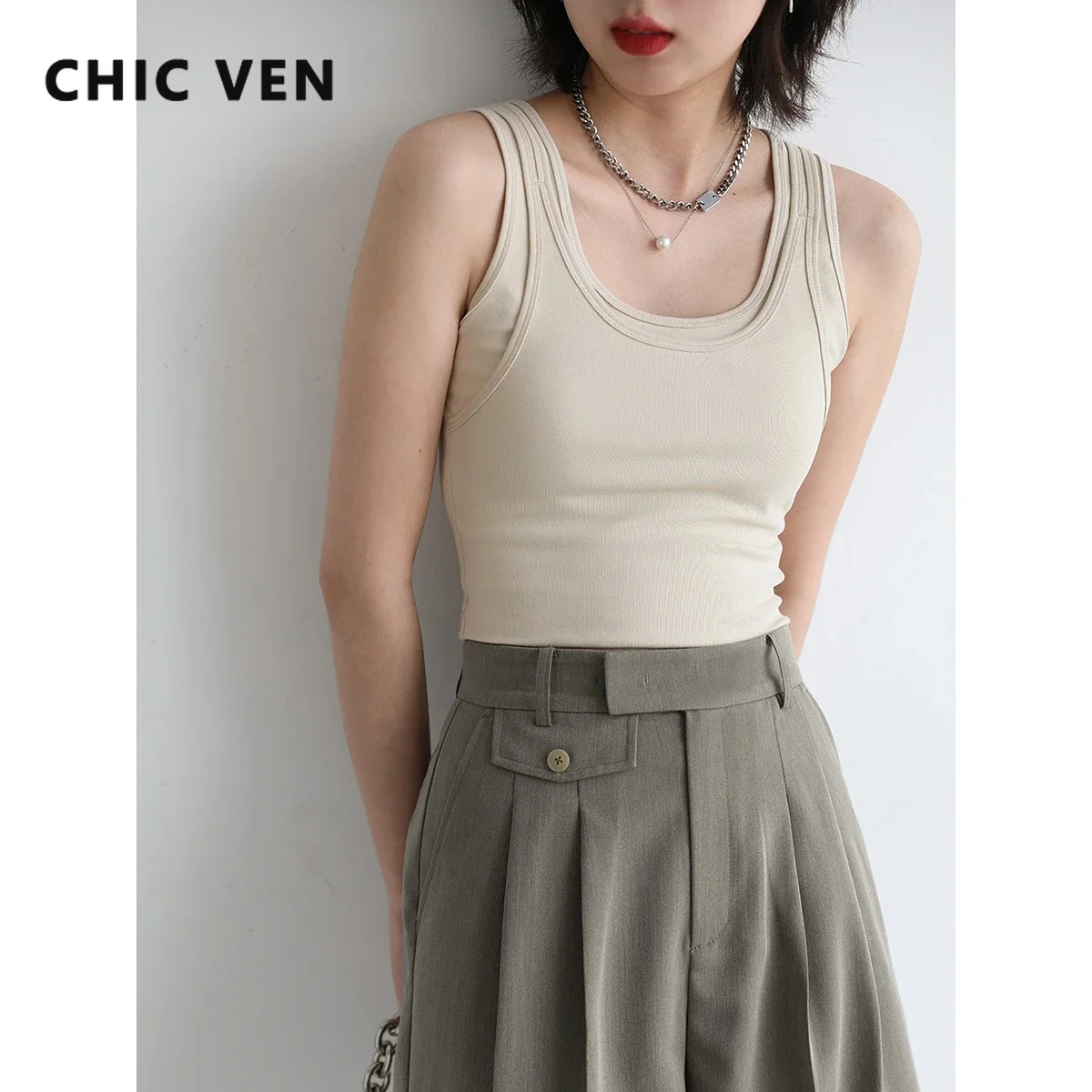 CHIC VEN Women Tank Top Camisole Solid Slim Fit Short U-neck Suspender Vest Crop Tops Women Summer Basic Elastic