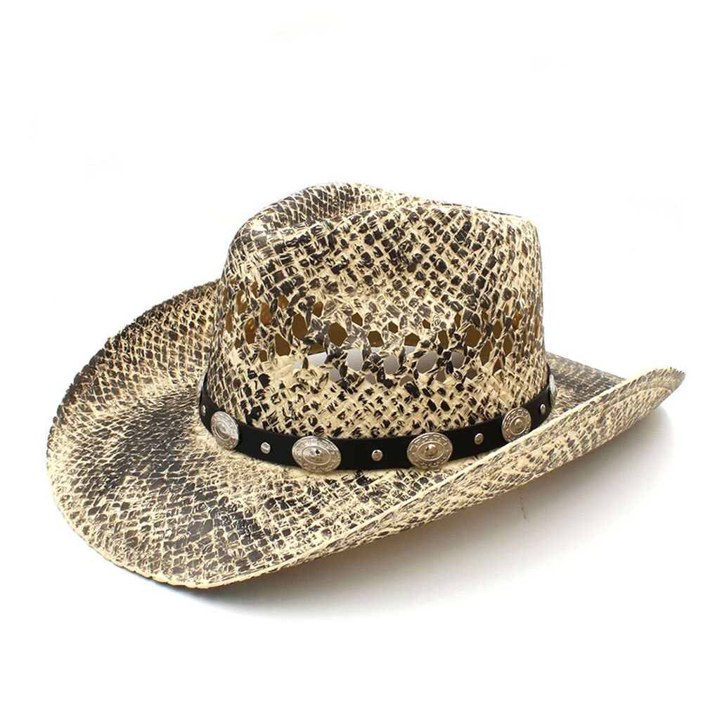 100% Straw Men Western Cowboy Hat Handmade Weave Dad Sombrero Hombre Cowgirl Jazz Caps Punk Belt Band Size 56-58CM