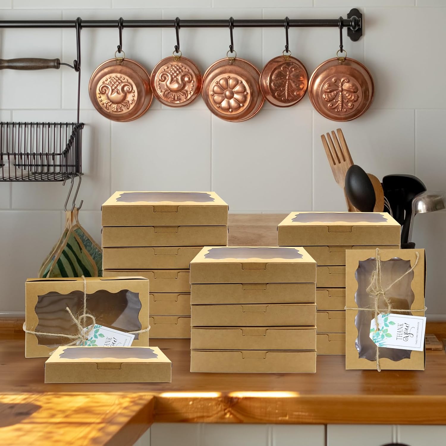 Cajas para galletas con ventana transparente, pequeñas cajas de dulces Kraft, cajas de pastelería premium con etiquetas, cuerdas para embalaje de galletas, postres y magdalenas