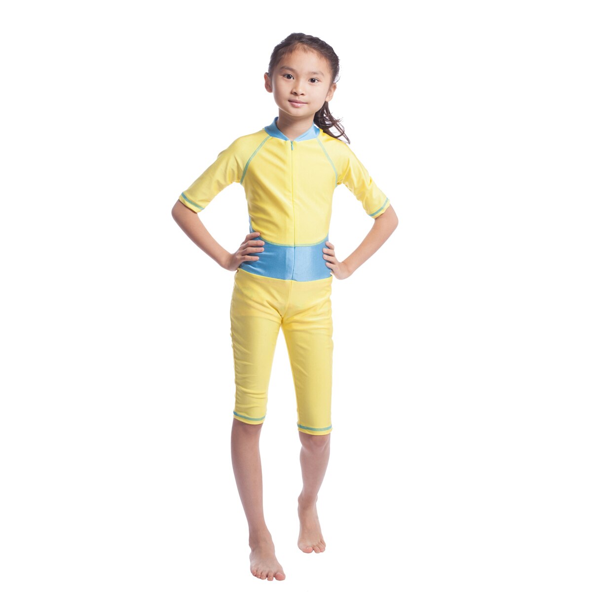 Msulim – ensemble de natation quatre saisons pour filles, combinaison en nylon Patchwork burkini à demi-manches, pantalon mollet, enfants islamiques modeste: gold / L