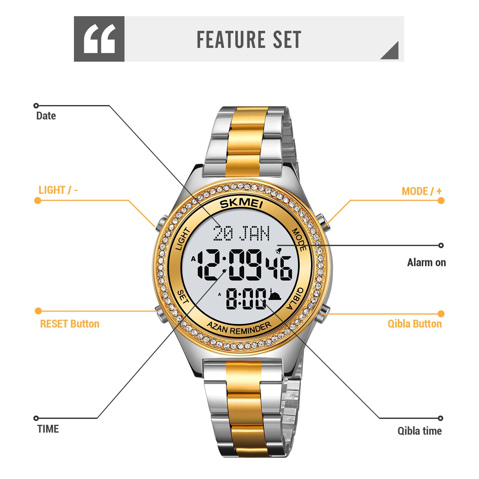 SKMEI Women Worship direction indication Muslim Azan Digital Watch Led Light Watch Pilgrimage Time Reminder Function Watch 2330