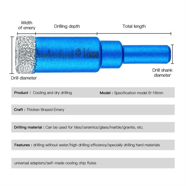 Duurzaam Diamant Gecoate Kern Boor Voor Glas Marmer Graniet Diamant Boor Gesoldeerde Droog Tegel Boor 6/8/10/12/14/16Mm Tool: 16mm
