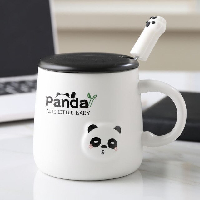 380ml Cartoon Panda Ceramic Mug Glass Cute Couple Cup Coffee Milk Cup Office Cup with Lid Spoon Girl: C