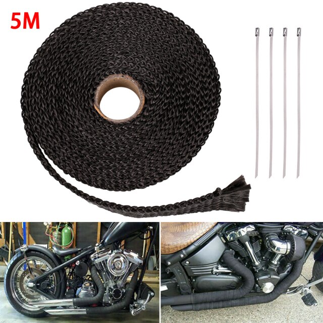 Exhaust Heat Wrap Thermal Tape Fiberglass Heat Wrap Manifold Insulation Roll Resistant with Stainless Ties 5M*2.5cm: BLACK