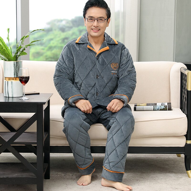 Inverno algodão pijamas masculinos de manga comprida engrossado quente cardigan lapela moda lazer de meia-idade e idosos roupa de casa terno: LM-8907 / L