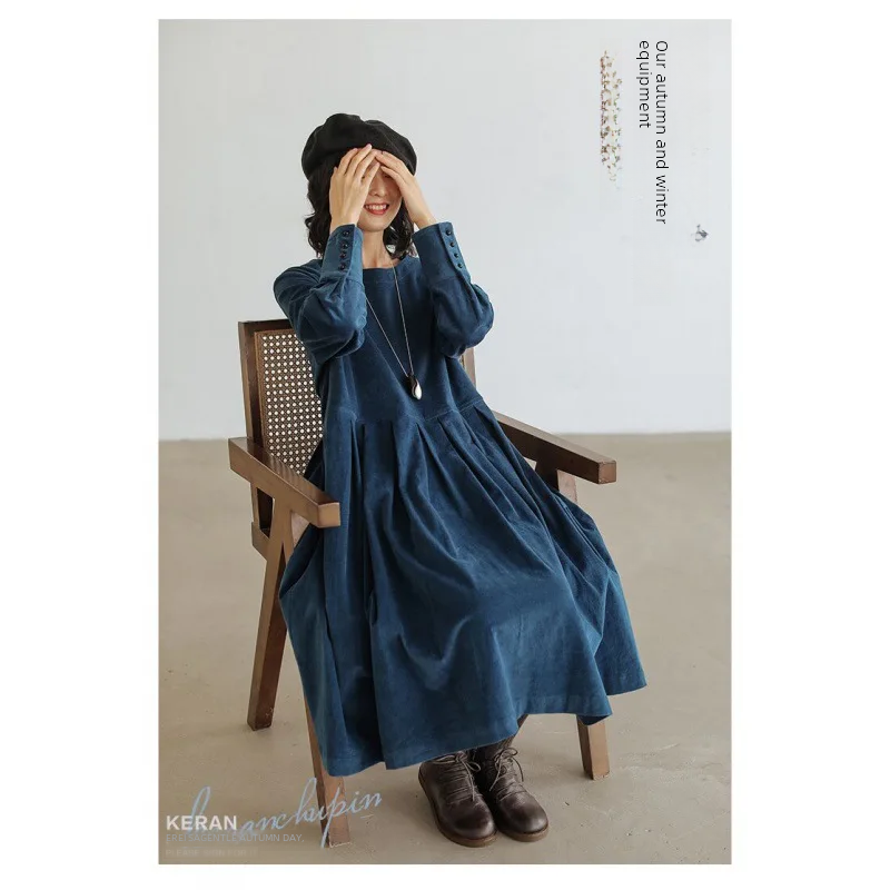 Artistic Corduroy Dress Autumn Women's Long Sleeve Medium-length Dress