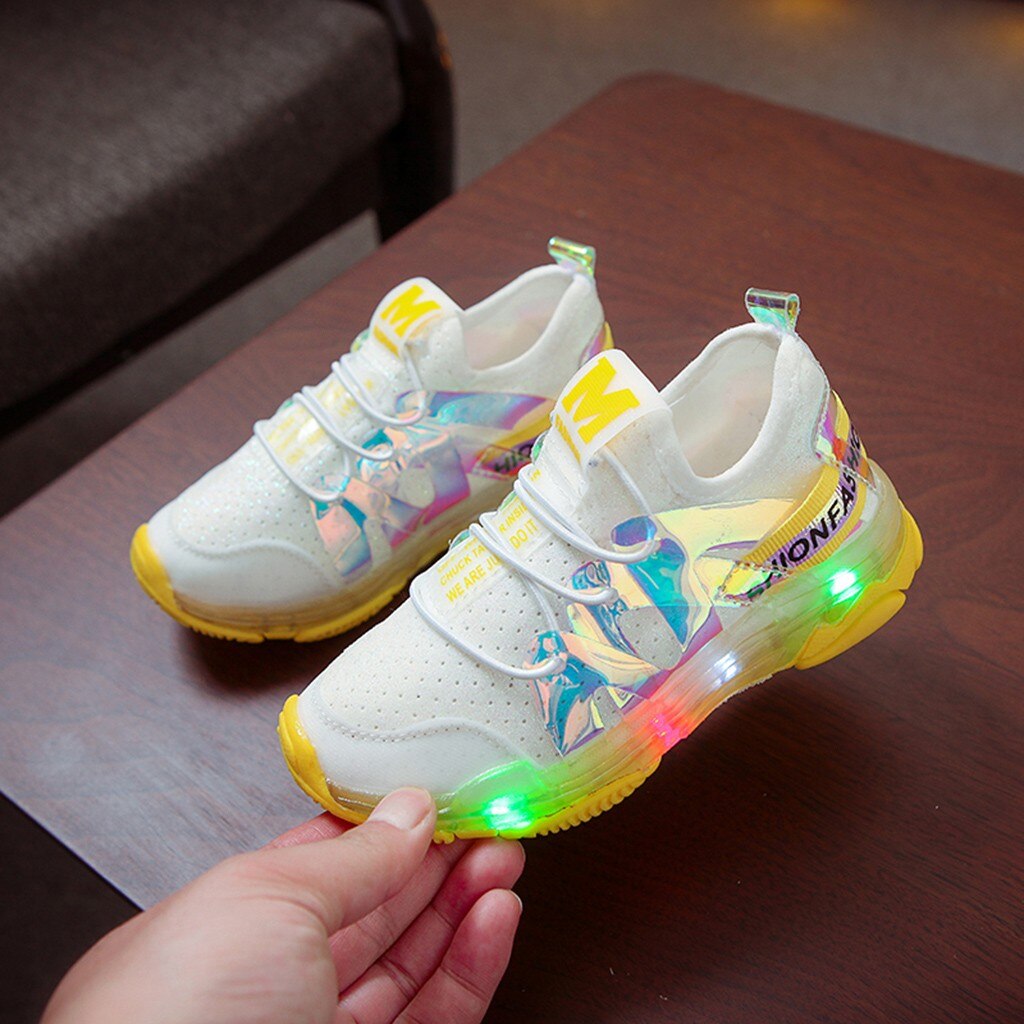 Children Kid Baby Girls Boys Mesh Letter Led Luminous Sport Run Sneakers Shoes: Yellow / 25