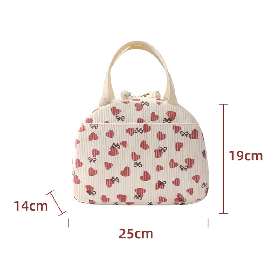 Portable Corduroy Lunch Bags Thermal Insulation Lunch Box Cute Print Women Lunch Storage Bag Picnic Bento Large Capacity Handbag: Beige