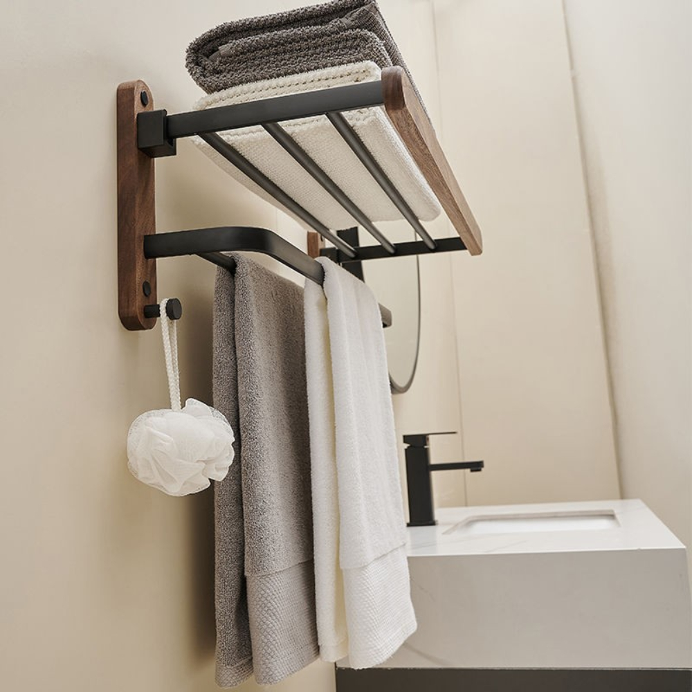 Juego de accesorios de baño de madera de nogal negro, toallero de baño, soporte de papel higiénico, estante de barra de toalla, accesorios de baño
