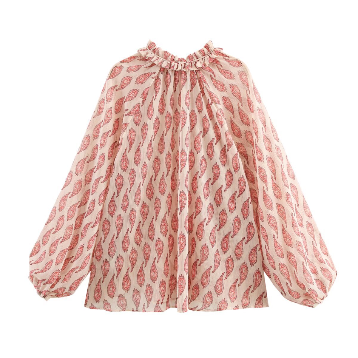 ZBZA Bedrucktes Damen-Shirt mit metallisch-Faden, Kordelzug, Rüschenkragen, langen Ärmeln, einreihig, lockerer Saum, Manschetten, geraffte Oberteile, Frühling, Sommer, neues lässiges, schickes Shirt