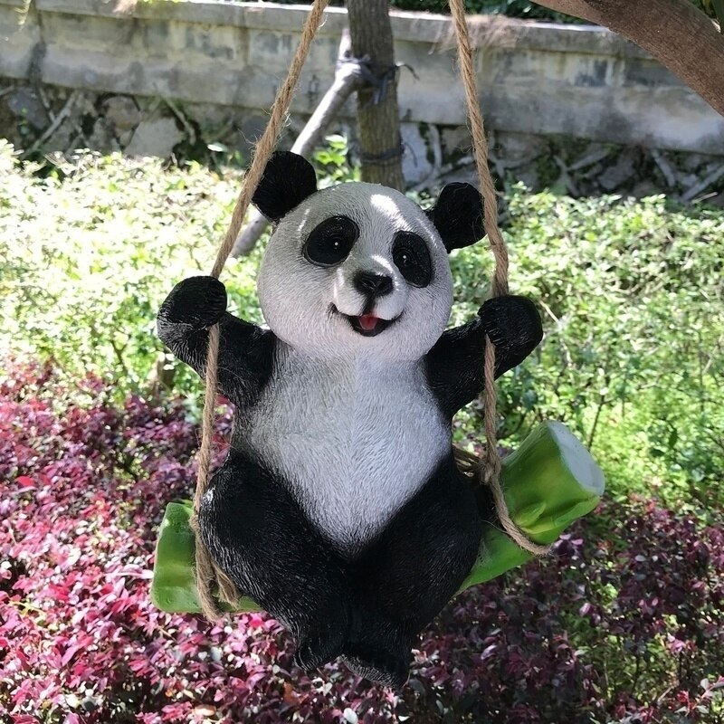 Panda statuer søte svart og hvite panda swing på bambus statue miniatyr hjemme utendørs hage dekorasjon: Default Title