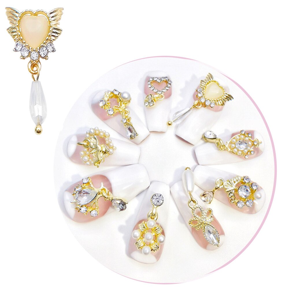10pcs-Heart Jewelry Nail Dangle Charms Angel With Pearls+Rhinestones Decors For Acrylic Nails 18 Manicure Decorations #F2