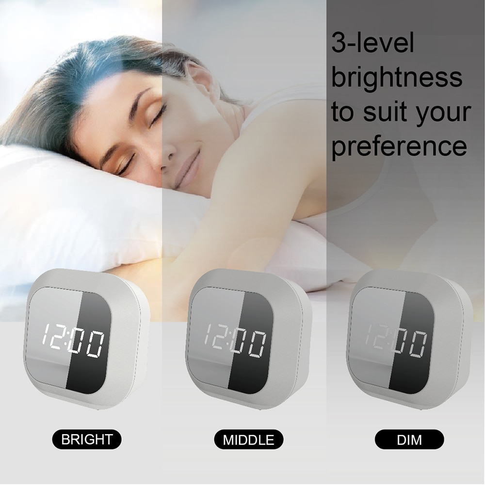 electronic USB alarm clock with LED mirror screen digital kids morning wake up clock night clock with thermometer and snooze