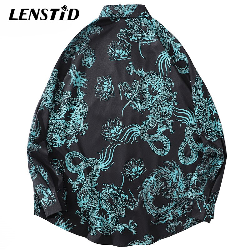 LENSTID Men Hip Hop Hawaiian Beach Shirt Dragon Lotus Print Harajuku Streetwear Casual Long Sleeve Oversize Aloha Shirts