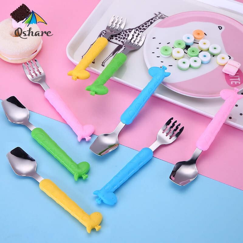 Qshare-vajilla de jirafa para bebé, cuchara de postre para niños, tenedor cuchara de alimentación, artículos de alimentación para bebé, vajilla para niños