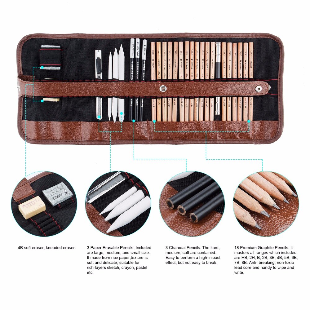 Marco 29Pcs Art Potloden Set Tekening Potlood Houten Schetsen Potloden Dessin Kunst School Supplies Tekenen Materialen Kit Desenho