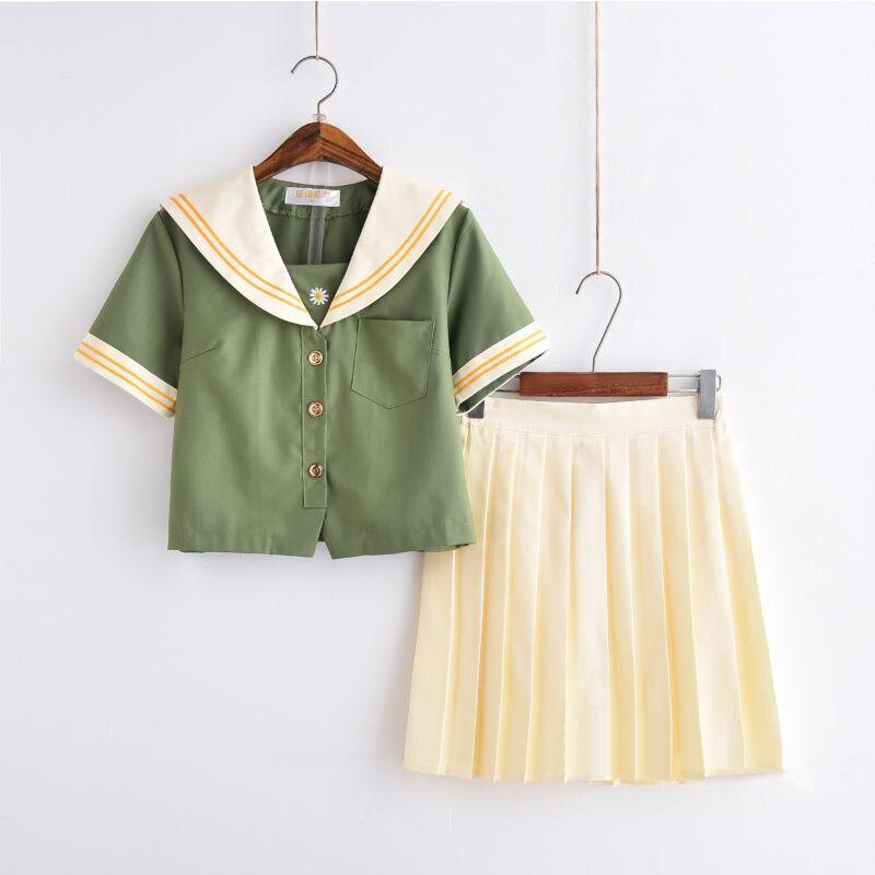 Uniforme de escuela secundaria verde para niñas, uniformes de Sailor, estilo pijo: Short Sleeve Set / S