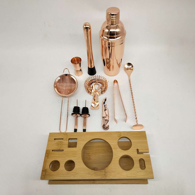 Galvaniseren Rose Gold Rvs Barman Kit Cocktail Shaker Rvs Shaker Houten Stand 11 Delige Set