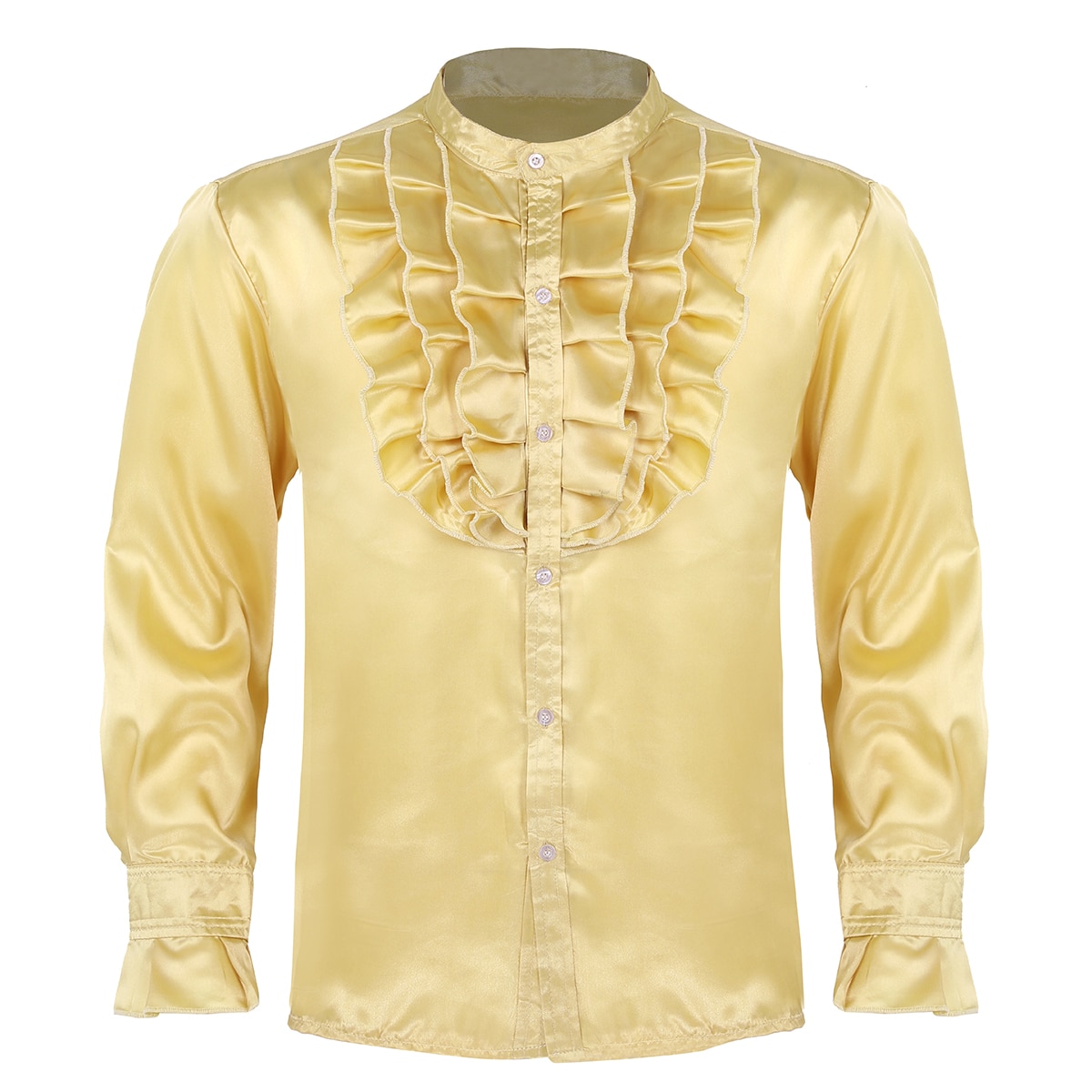 Vêtements pour hommes Hip Hop fête Clubwear soie col montant avant à volants bouton bas Slim Fit Vintage mariage smoking robe chemises: Gold / L