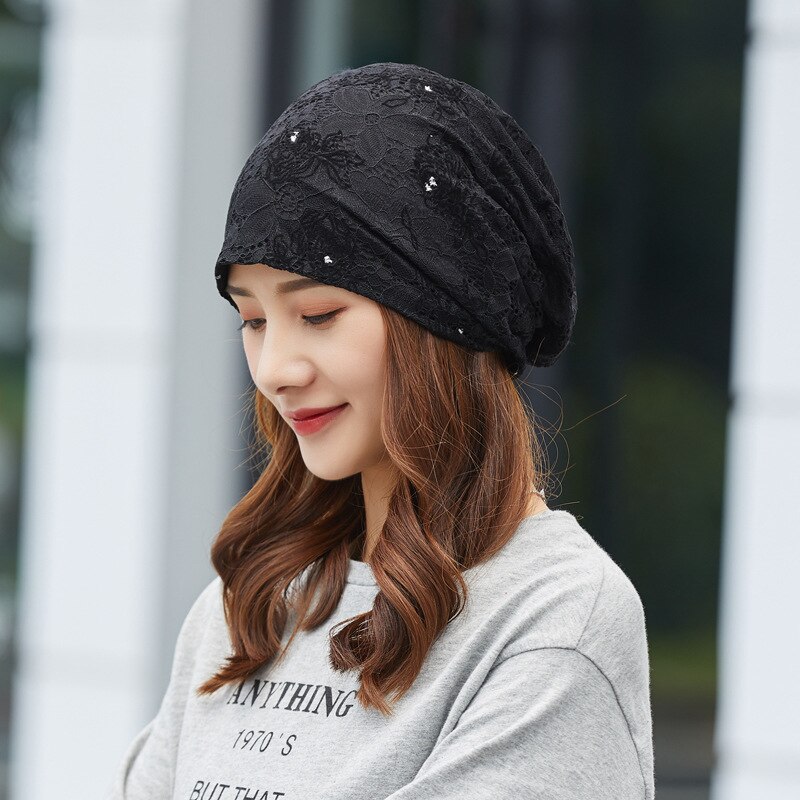 Etnisk stil kvinder strikket hat hættehætte bomuld koreansk stil enkel blonder blomster skullies beanies: Sort