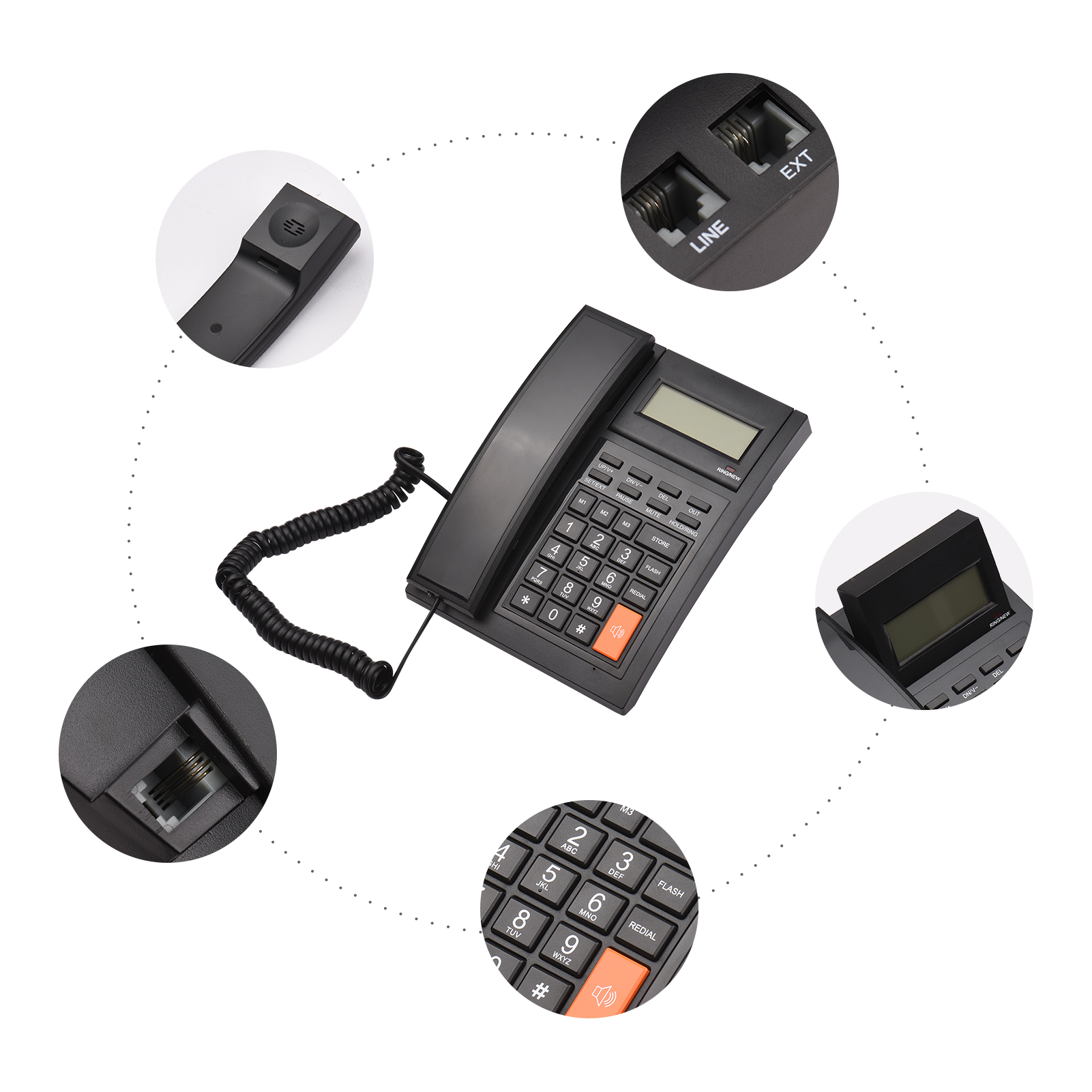 Soporte de pared para teléfono fijo, dispositivo de apoyo fijo, manos libres, rellamada, Flash, Dial de velocidad, Control de volumen