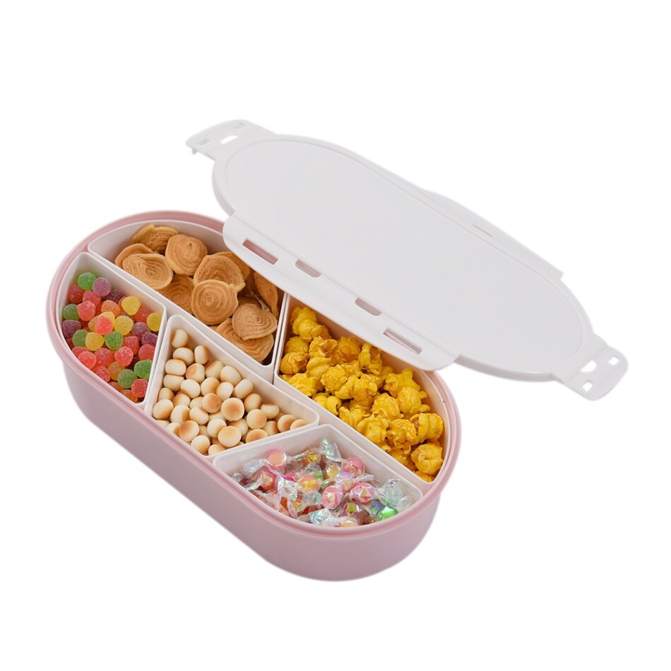 Fruits Nuts Plate with Lid Seal Detachable Multi Sectional Sub Grid Plastic Tray Candy Snack Dessert Serving Fruit Platter: Pink