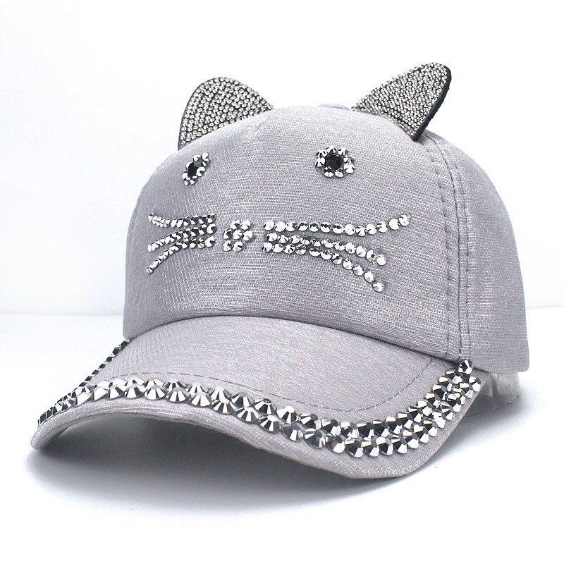 Gorra de béisbol ajustable con orejas de gato para niños, gorro con diamantes de imitación, perlas, ajustable, para primavera y verano: C