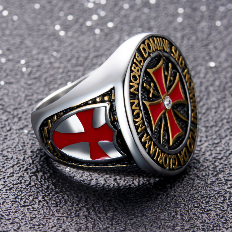 Anillo cruzado de acero inoxidable para hombre, Cruz Roja con incrustaciones de circonia cúbica, joyería de los caballeros templarios dominantes,