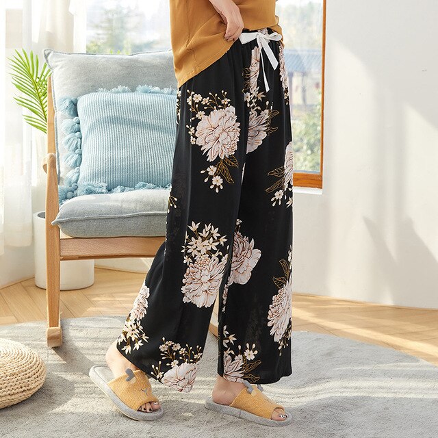 Summer Sleep Wear for Women Pajama Printing Loose Sleep Pants Calf-Length Pants Sleep Bottoms Home Wear: R18