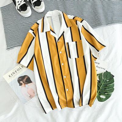 Mænd sommermærke korea-stil stribet kortærmet gul skjorte mænd afslappet løs hawaiiansk strand tynde skjorter: Gul 2 / M