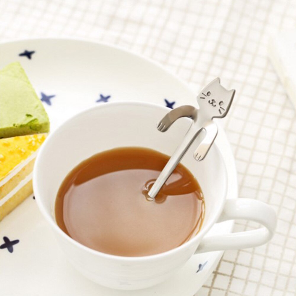 Cuchara con forma de gato, cuchara para té o café, taza colgante de acero inoxidable, cucharas de té, minicuchara largo lindo para gatito, cuchara agitadora para postre