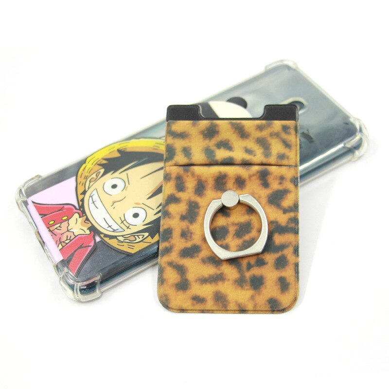 3-en-1 adhésif autocollant téléphone dos cartes Spandex anneau portefeuille téléphone portable porte-carte d'identité poignée de doigt béquille double poche #50: Leopard Print