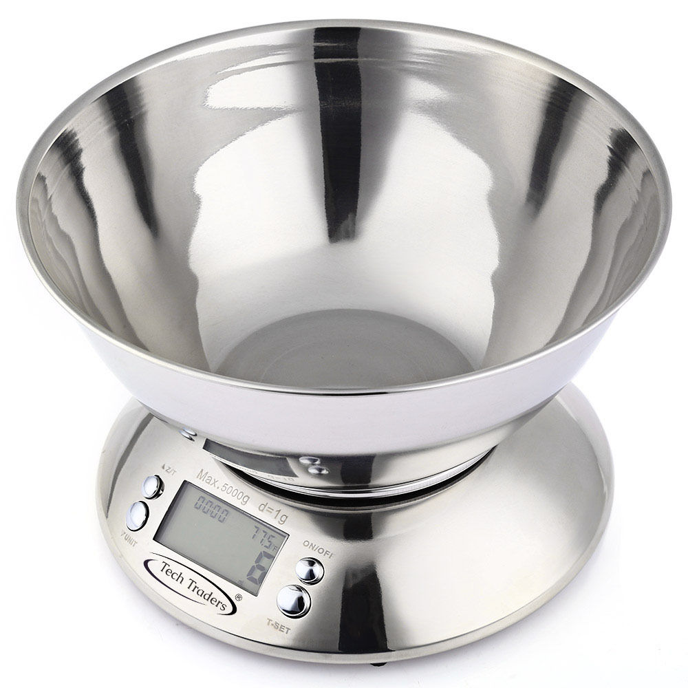 Stainless Steel Bowl Kitchen Weighing Scale 5kg Digital Food Kitchen Measuring Tools with Time Alarm clock